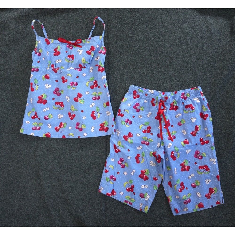 Vintage Nick & Nora Cottagecore Fruit Print Pajama Set Small Cotton Blue Cherry
